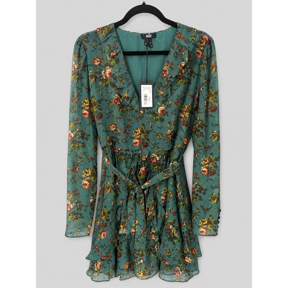 NWT Paige Tamera Silk Floral Mini Dress Fog Blue Ruffle V-Neck Long Sleeve M